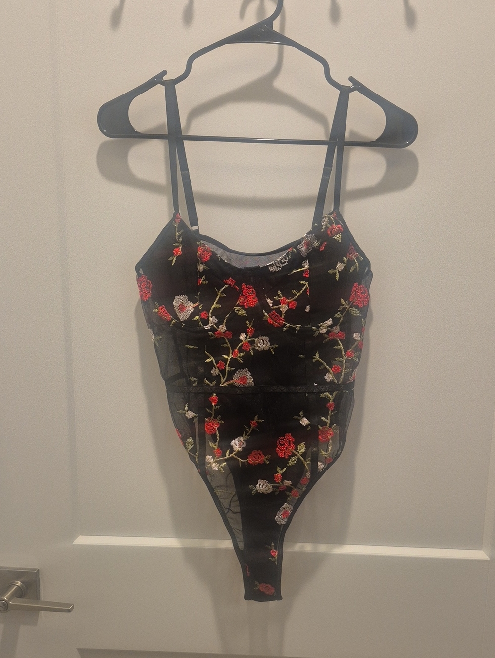 SHEIN Black Sheer Floral Embroidered Bodysuit with Red Rose Accents